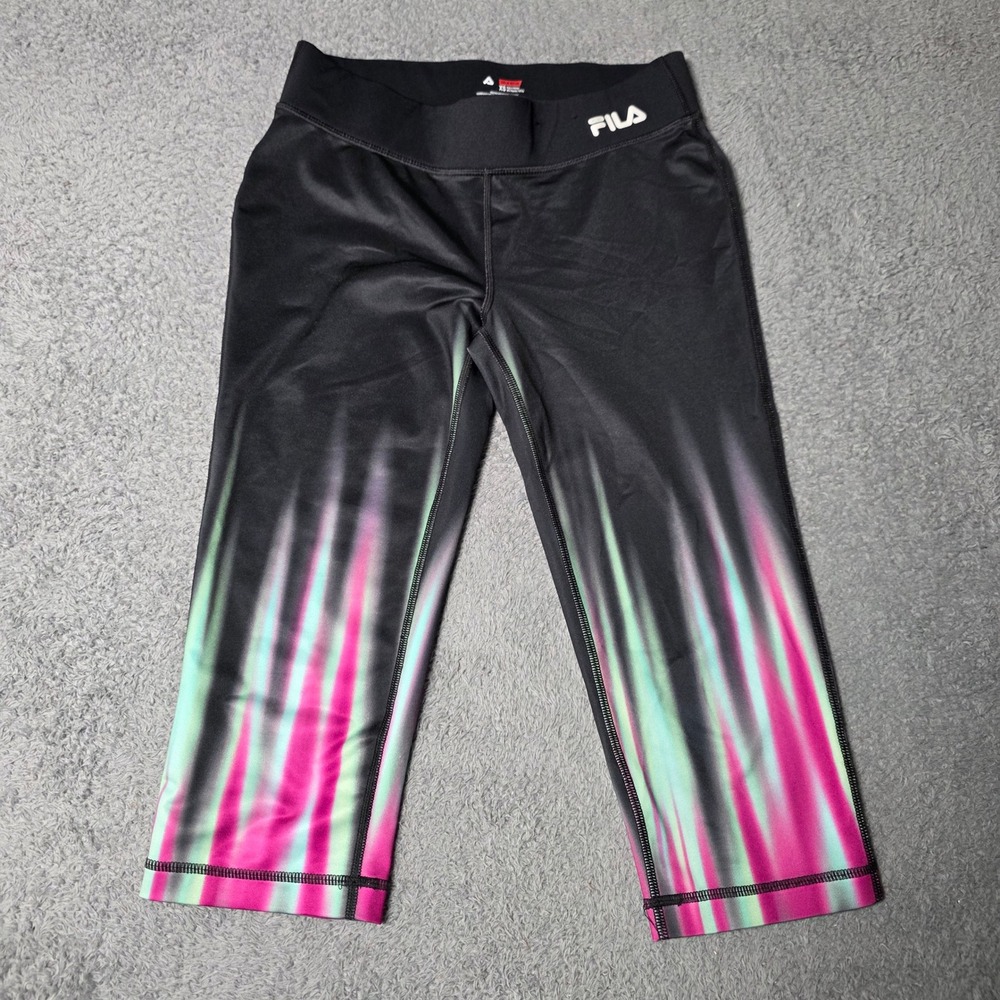 Fila Womens XS Capri Leggings Black Pink Mint Green Abstract Graphic Sport